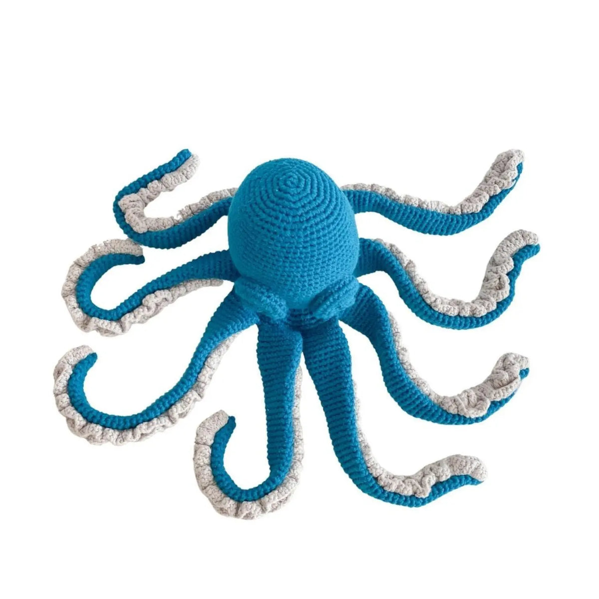 Lagoon teal crochet octopus soft toy seen from above with its eight curling, cream-ruffled arms spread out