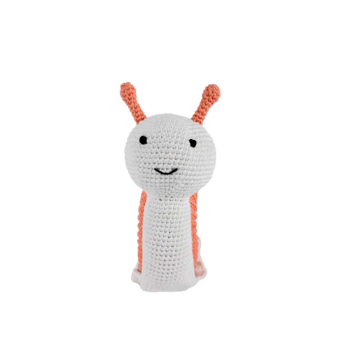 Front view of a crochet snail soft toy with a stitched smile and peach crocheted feelers