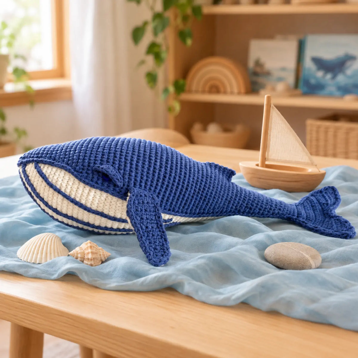 Deep blue crochet whale soft toy on a light blue cloth with seashells and a small wooden sailboat on a playroom table
