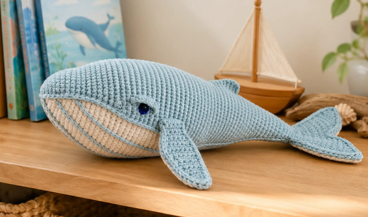 Misty blue crochet whale soft toy resting on a wooden playroom shelf beside ocean picture books and a small wooden sailboat