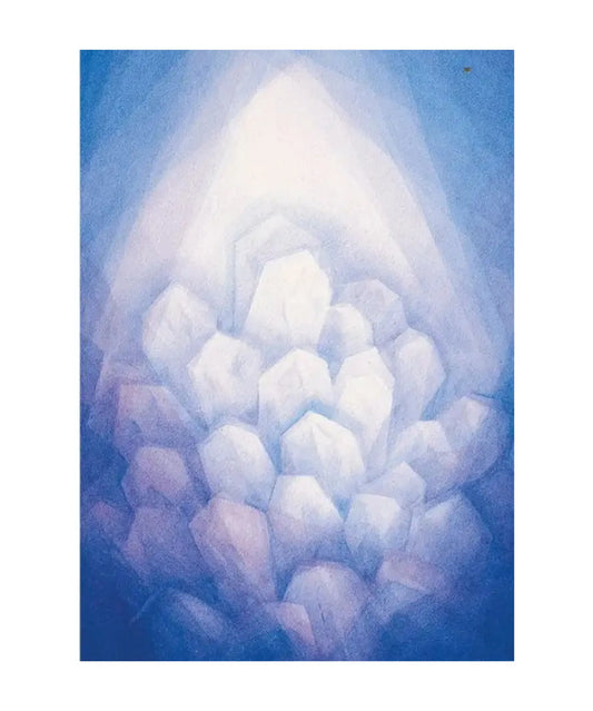 Crystals postcard by Marjan van Zeyl of white crystals in a soft blue-violet crystal cave
