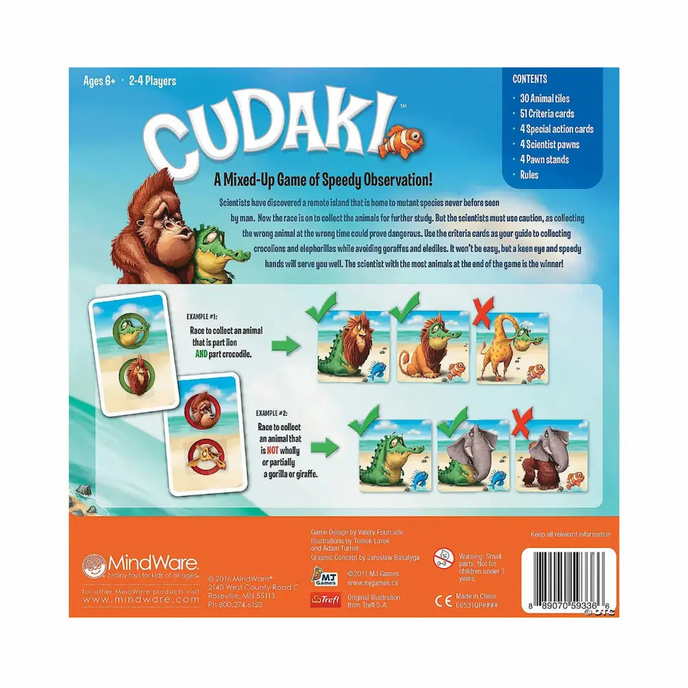 Back of Cudaki observation and matching game box with details