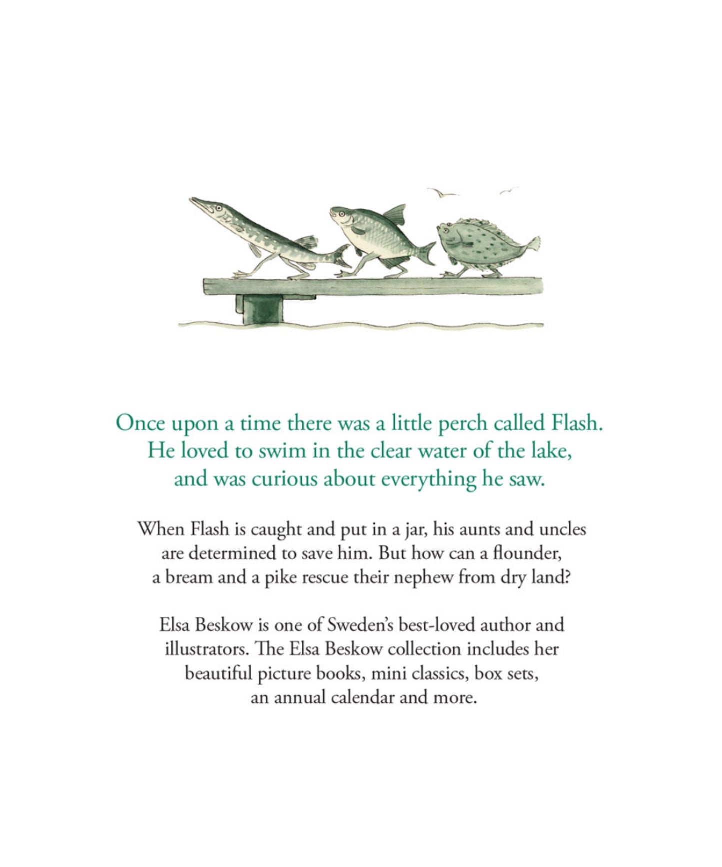 Illustration of walking fish and text about Flash and his adventures and rescuers.