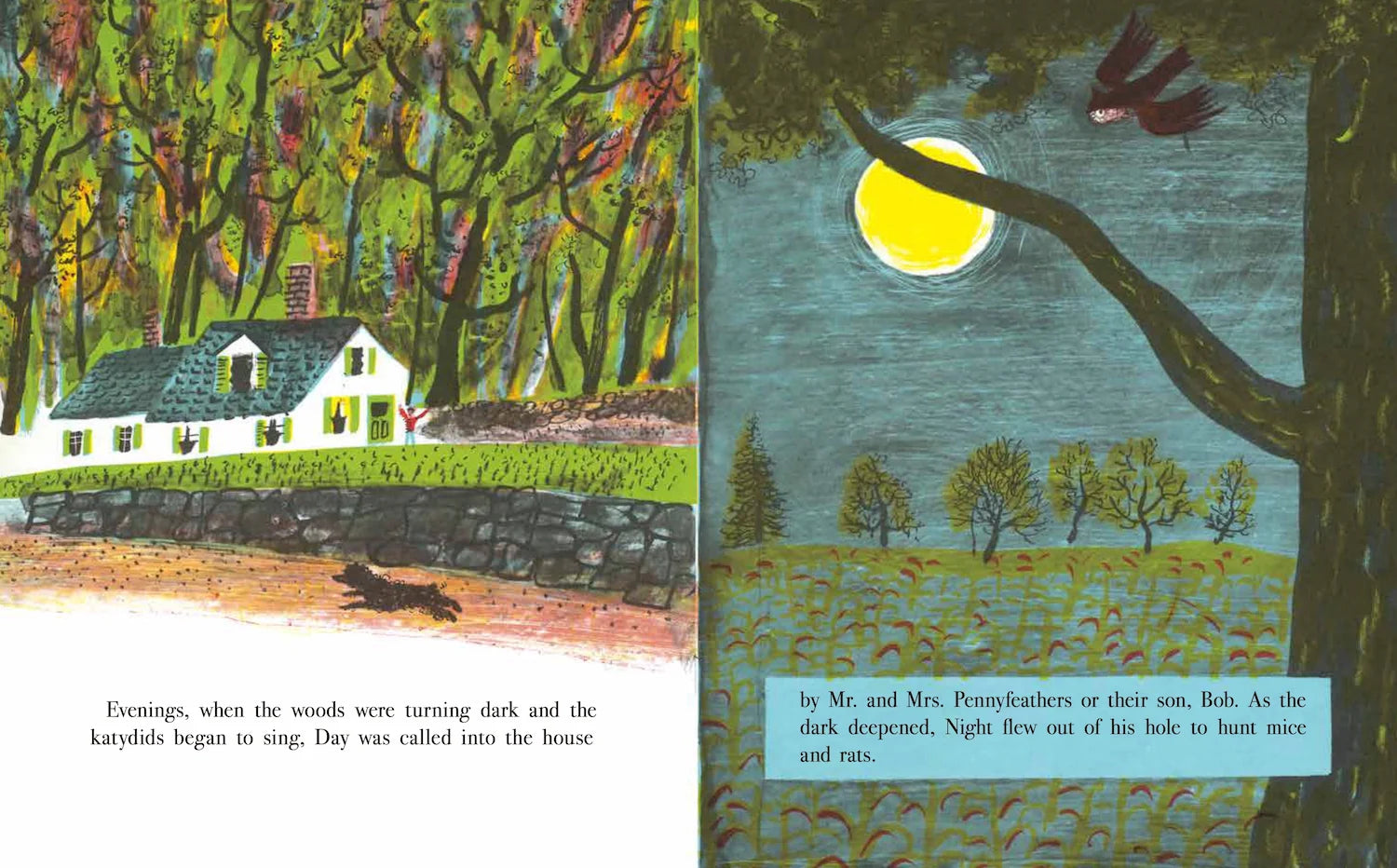 Illustration of dog running in day and owl flying with full moon at night