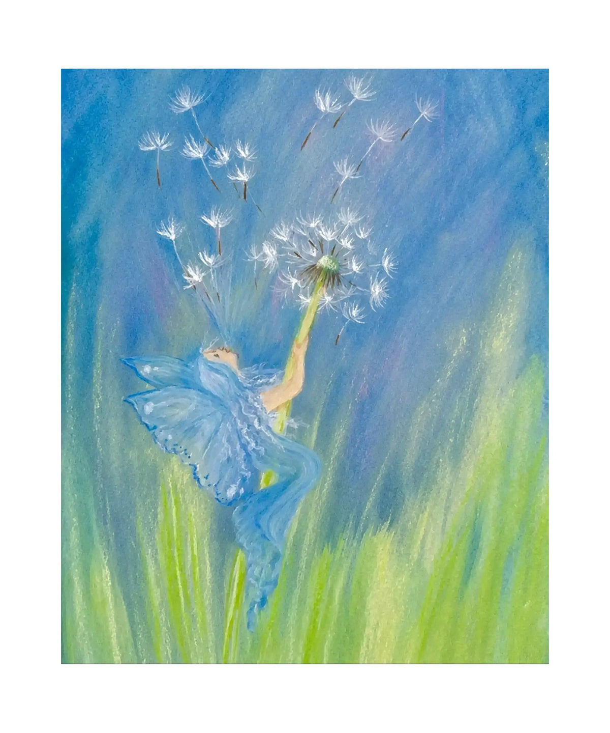 Blue-winged dandelion fairy holding a flower stem as delicate white seeds float through a soft blue and green illustration by Marjan van Zeyl.