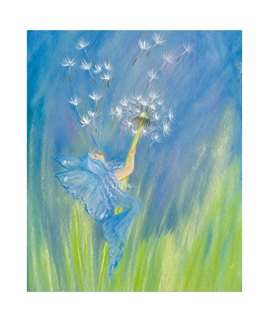 Blue-winged dandelion fairy holding a flower stem as delicate white seeds float through a soft blue and green illustration by Marjan van Zeyl.