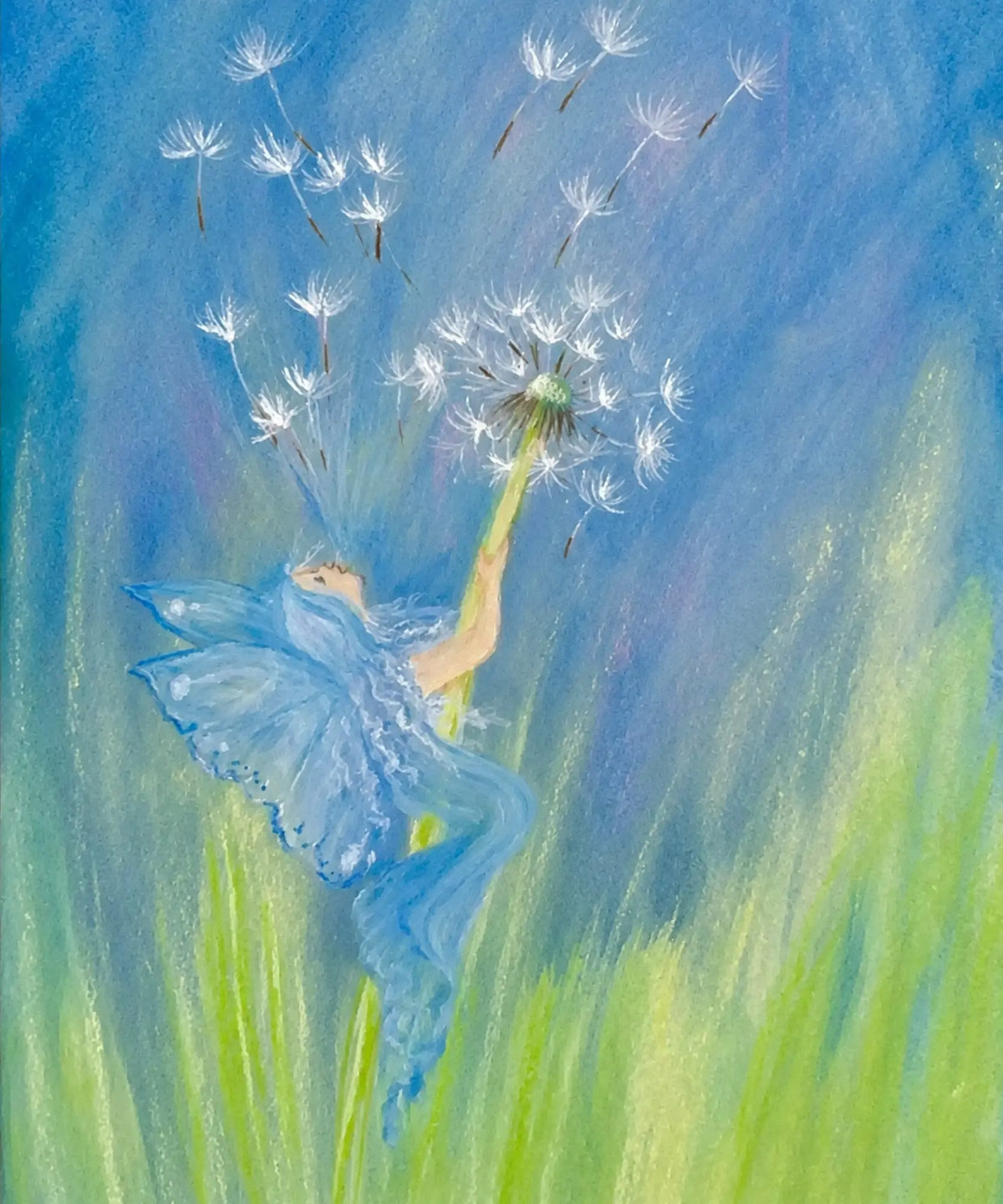 Dandelion fairy holding a flower stem as delicate white seeds float through a soft blue and green illustration by Marjan van Zeyl.