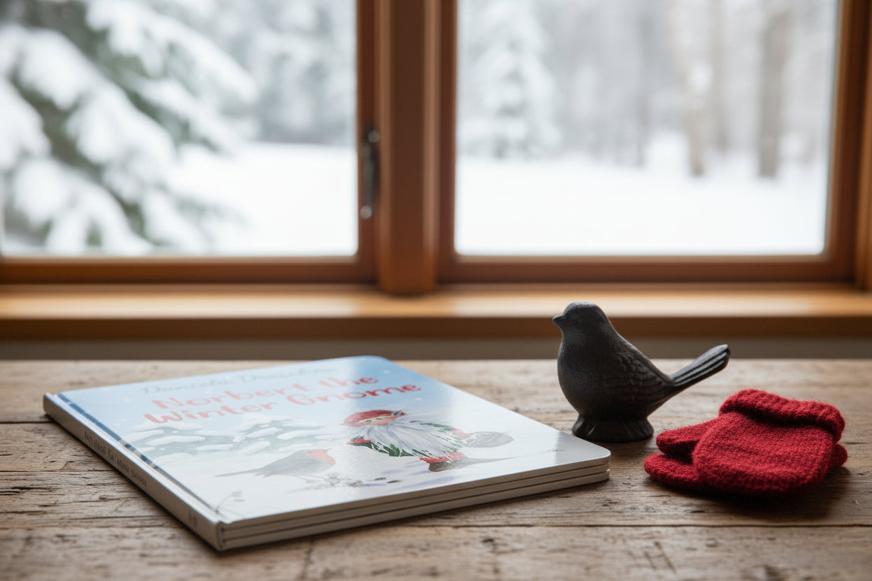 Norbert the Gnome book on a wooden table with a bird figure and red mittens. The window scene behind it shows snowy woods. 