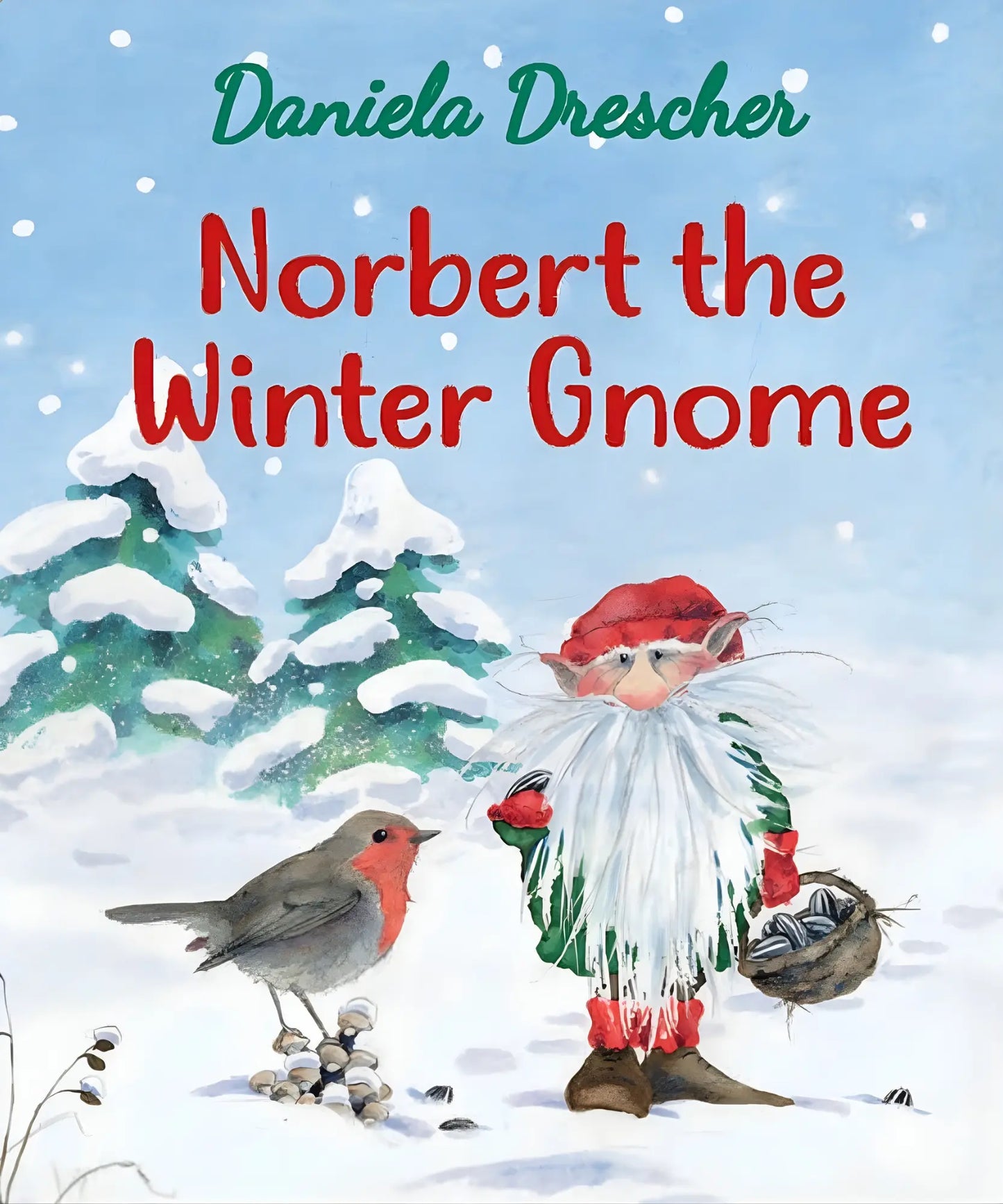 Book cover of 'Norbert the Winter Gnome' with a gnome and robin in a snowy scene.