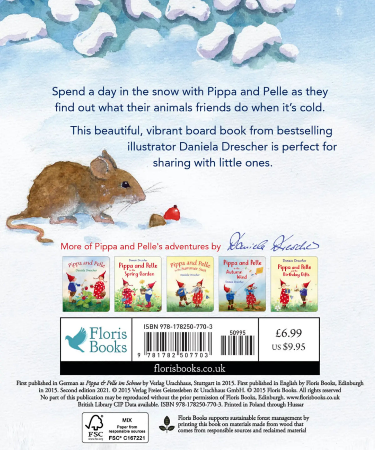 Back cover of a children's book featuring illustrations of mice and text about the book's content and illustrator.