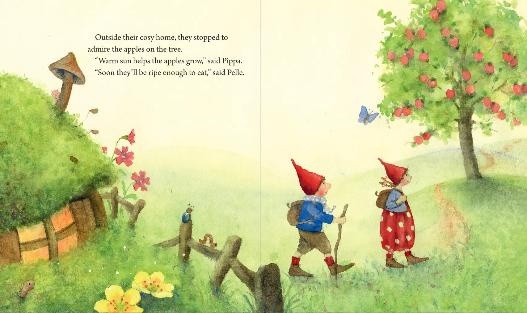 Illustration of two gnomes by an apple tree in a children's book