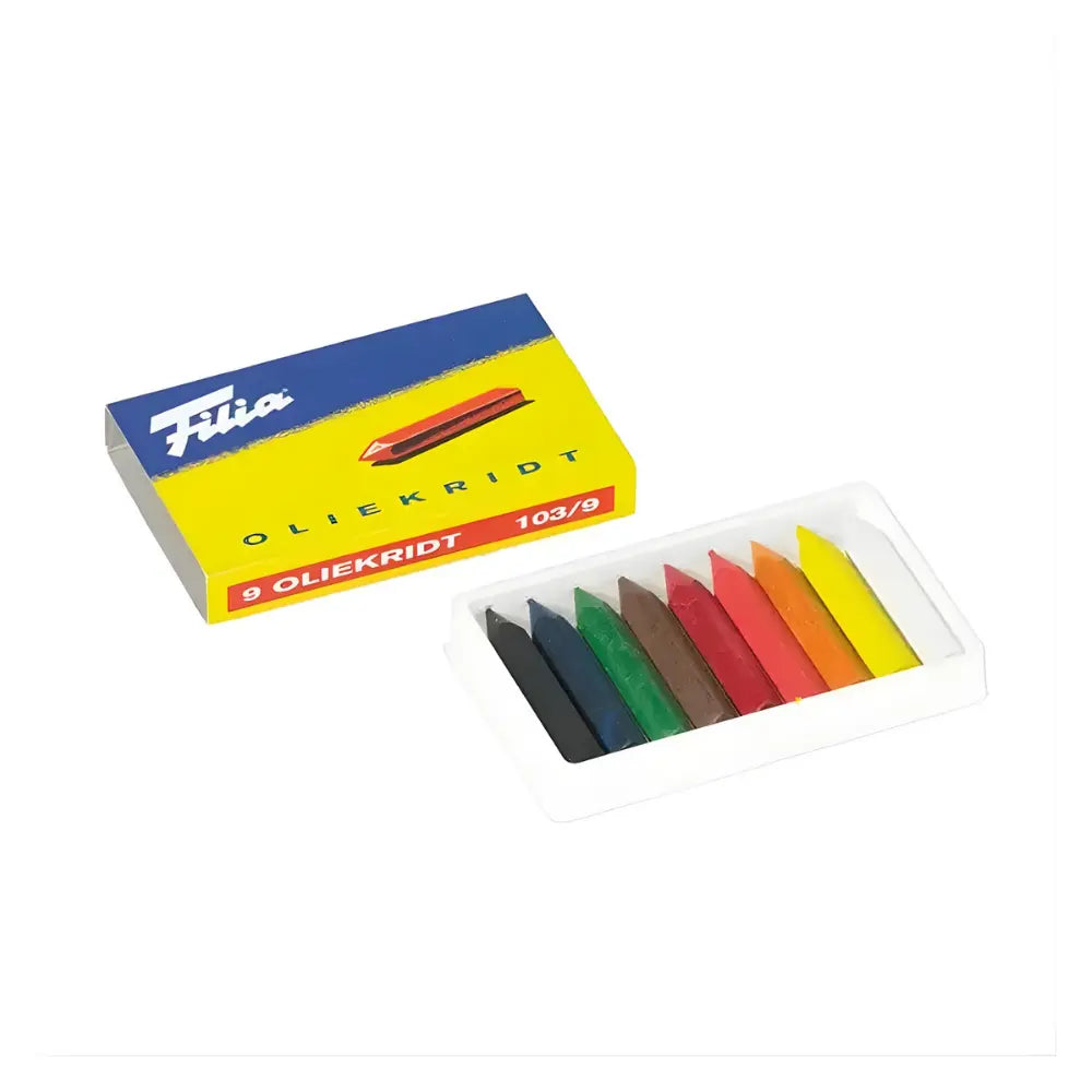 Box of Filla hard oil crayons with colorful pastels inside on a white background
