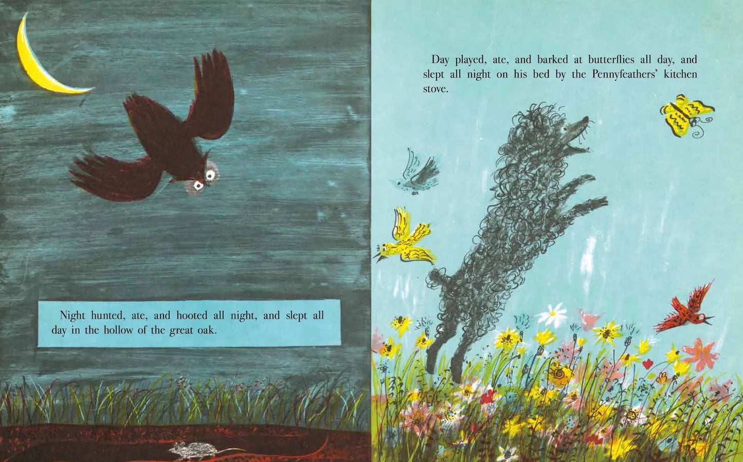 Illustration of an owl diving on a dark night and dog barking at butterflies on a sunny day