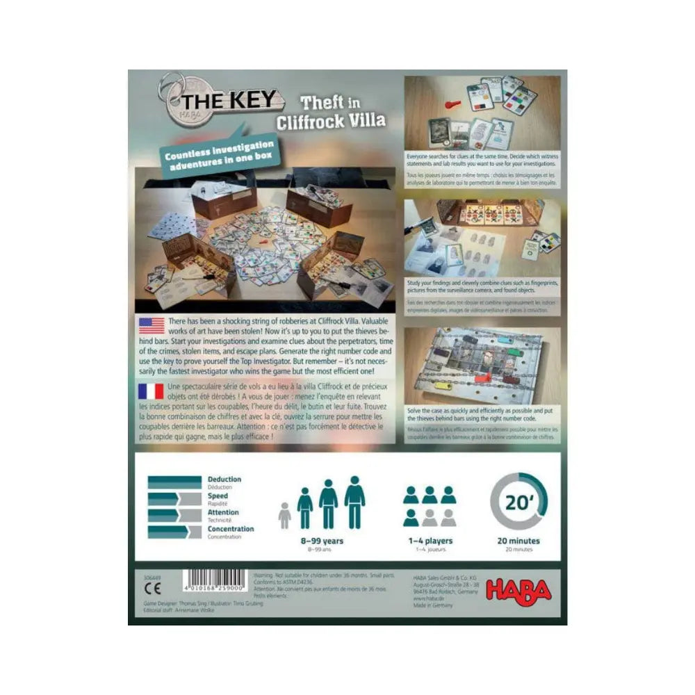 Back of The Key Theft at Cliffrock Villa deduction mystery game box