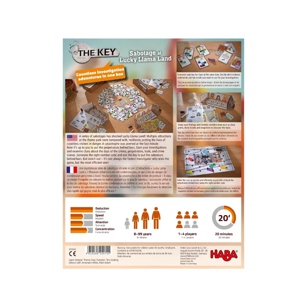 The Key Lucky Llama Land deduction mystery game components laid out on table