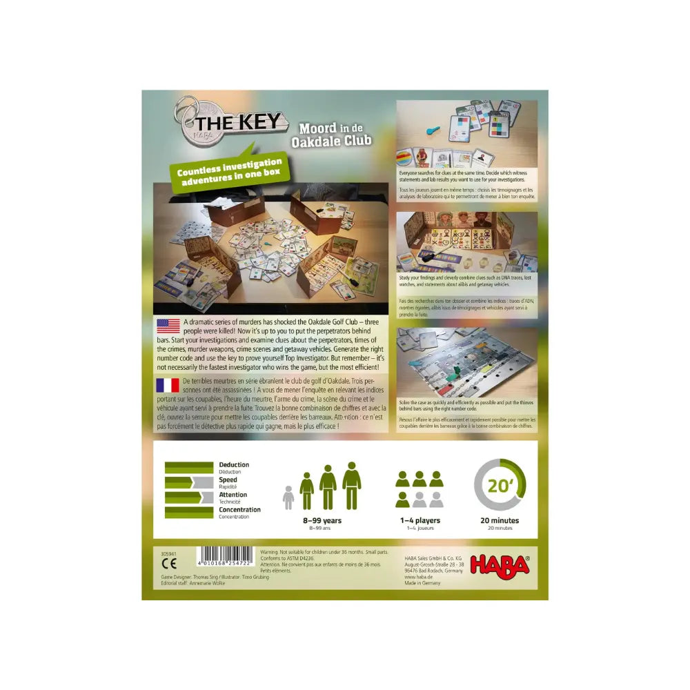 Back of The Key Murder at the Oakdale Club deduction mystery game box