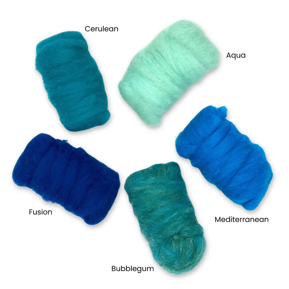 Five balls of yarn in different shades of Corriedale wool sliver labeled 'Cerulean', 'Aqua', 'Fusion', 'Mediterranean', and 'Bubblegum'
