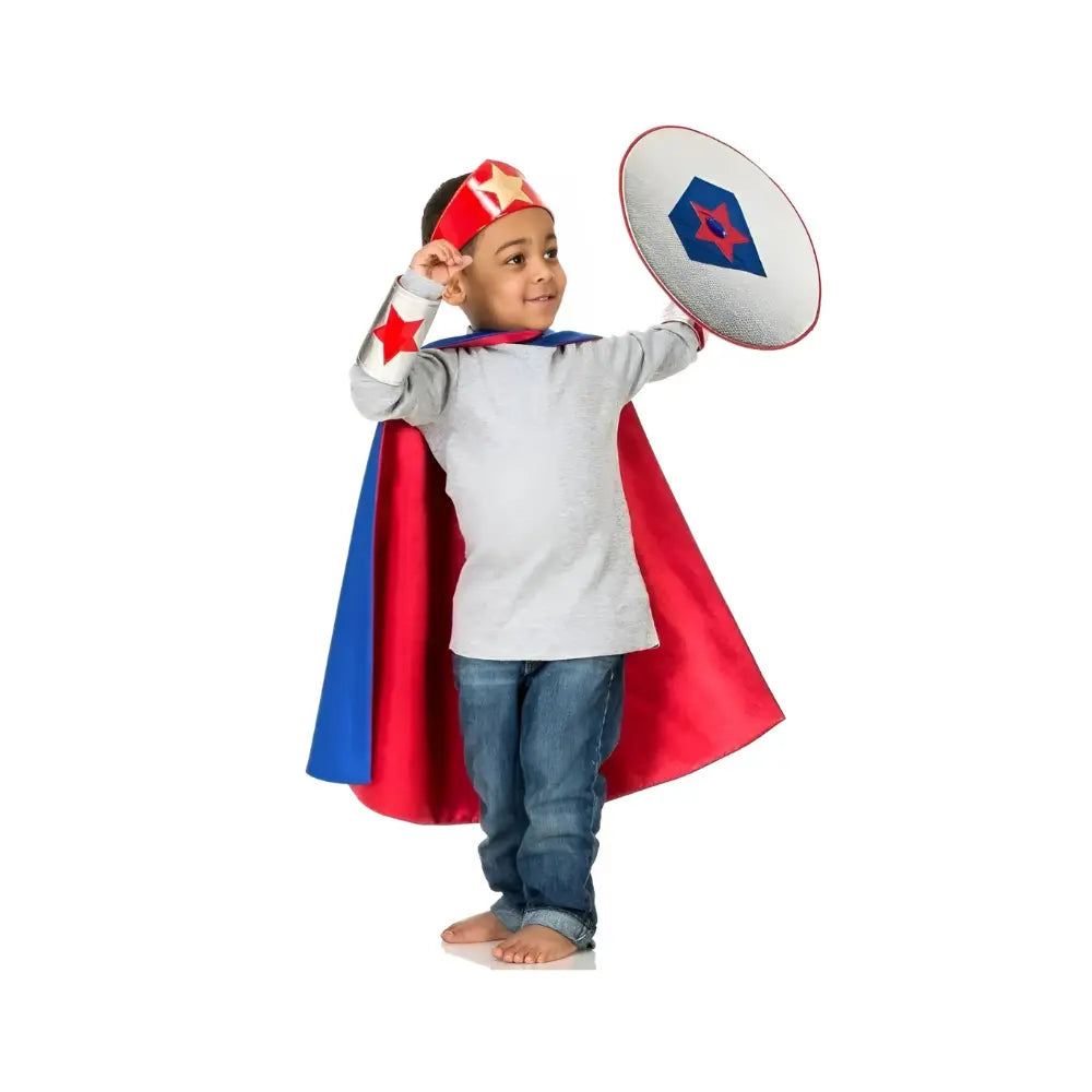 Front view of reversible superhero cape for kids showing red lining and closure