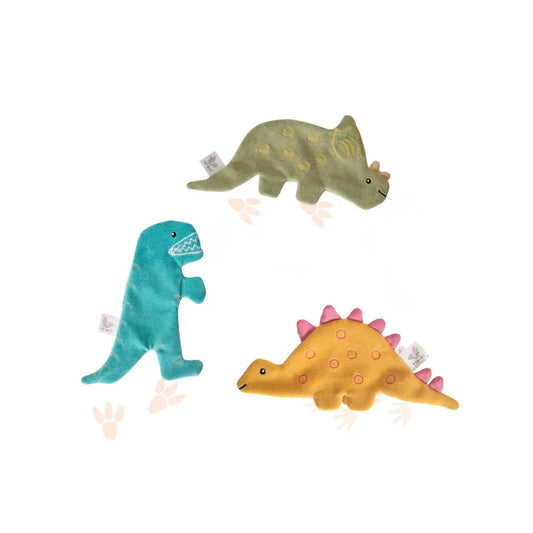 Three colorful dinosaur crinkle toys on a white background