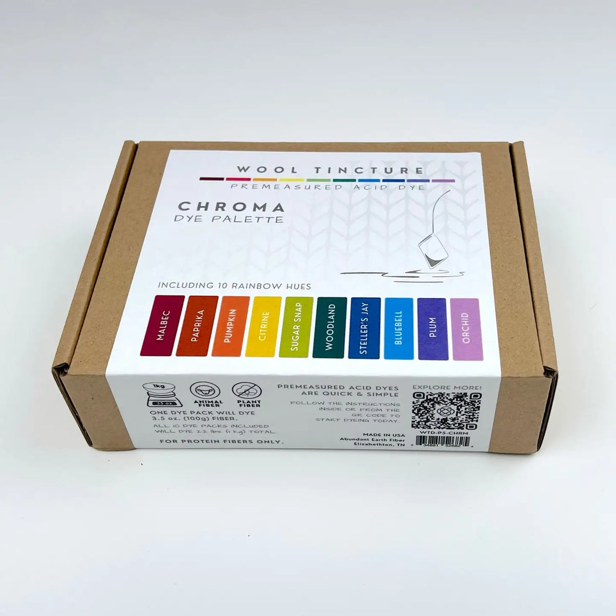 A cardboard box for Wool Tincture Chroma Dye Palette of acid dyes for the DIY fiber dyer