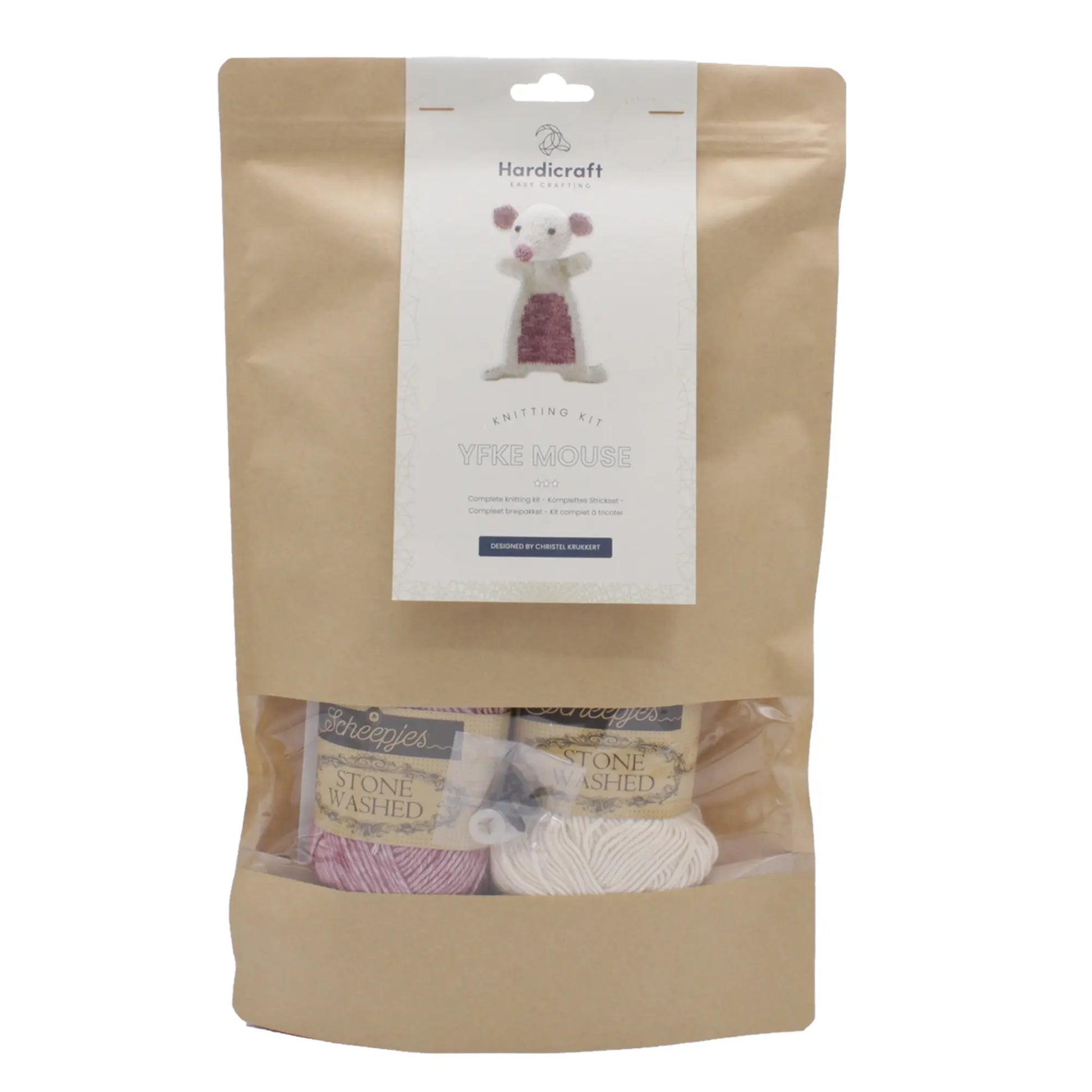 DIY mouse knitting kit package with Scheepjes yarn, stuffing, and pattern