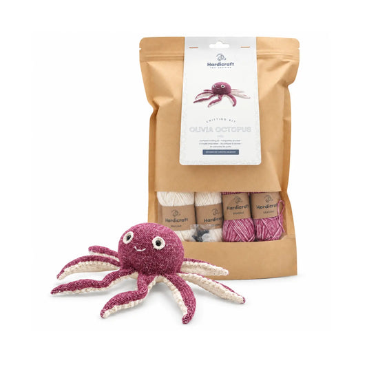 Hardicraft Olivia Octopus knitting kit with yarn, pattern, and finished knitted octopus