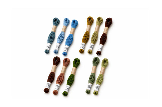 Set of embroidery threads in various colors on a white background