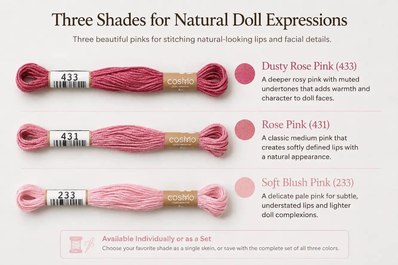 Three skeins of pink embroidery floss with Cosmo branding on a white background.