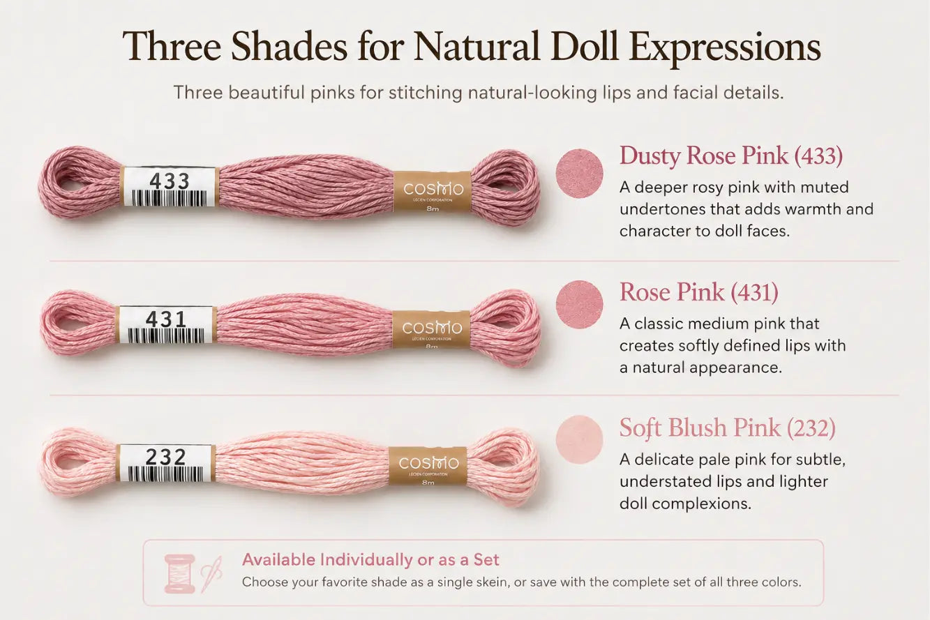 Three skeins of pink embroidery floss with Cosmo branding on a white 