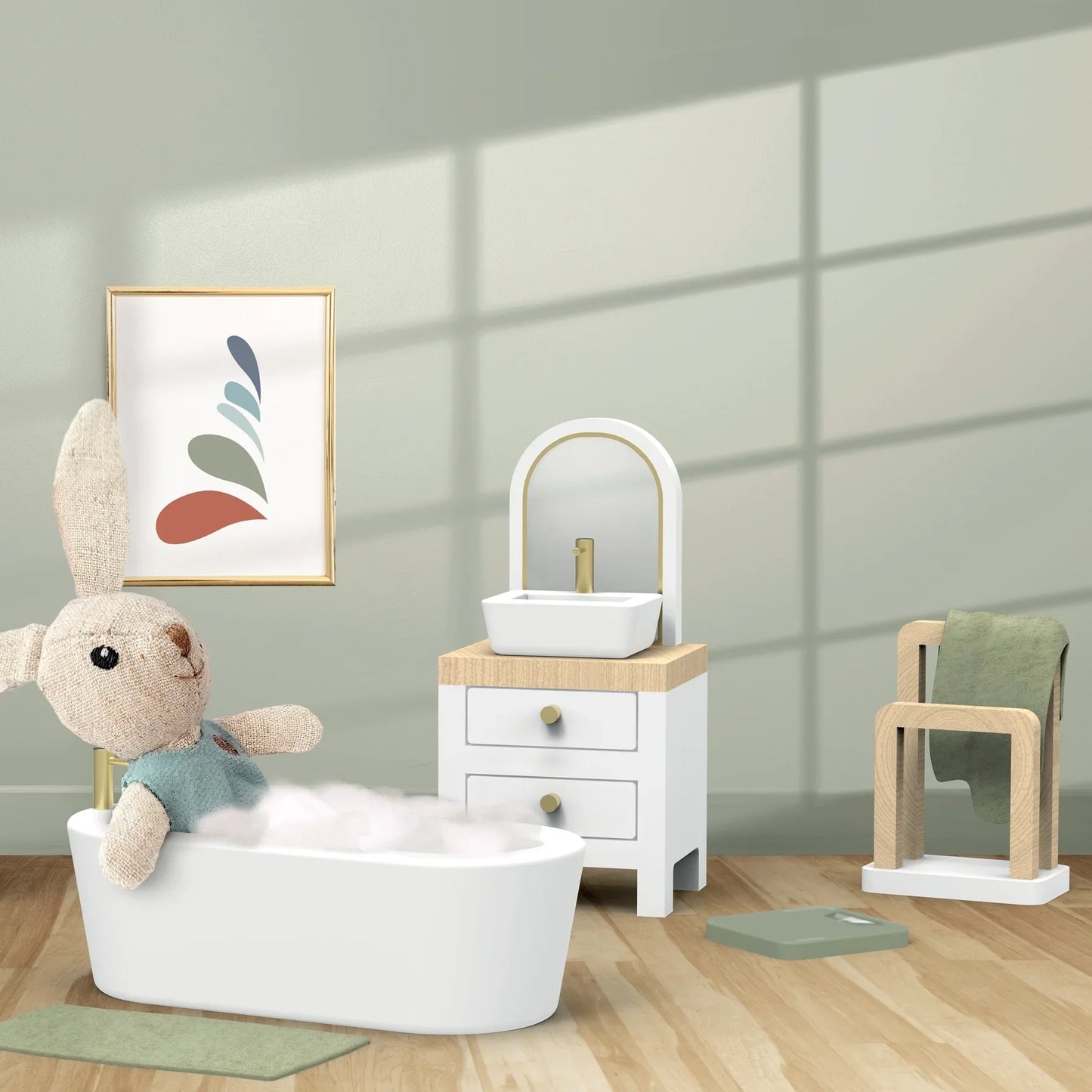 Dollhouse bathroom scene with bathtub, sink, mirror, and linen bunny character in play setting