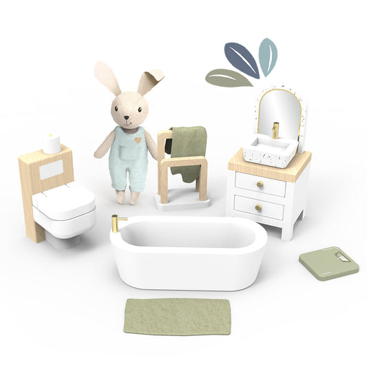 Dollhouse bathroom set with wooden furniture, bathtub, sink, toilet, and linen bunny character