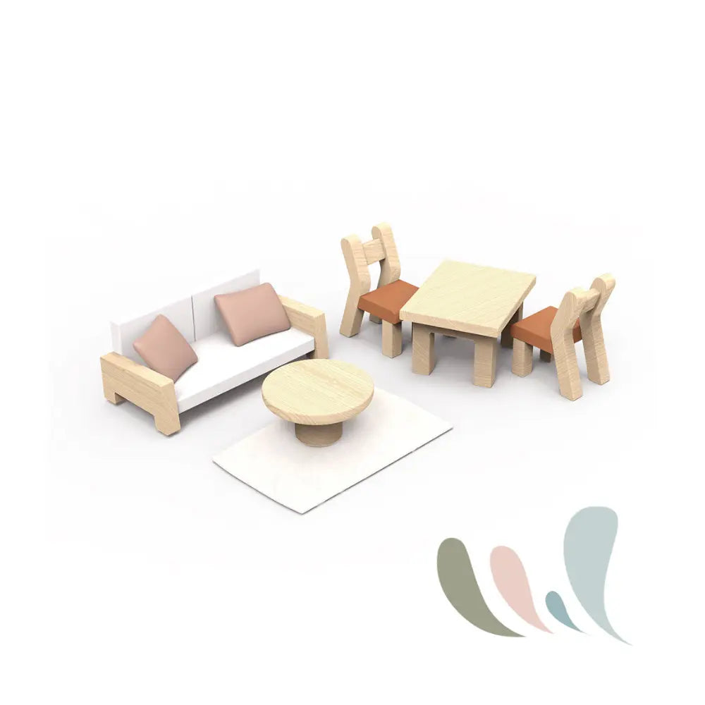 Wooden dollhouse furniture set with table chairs sofa coffee table carpet and pillows