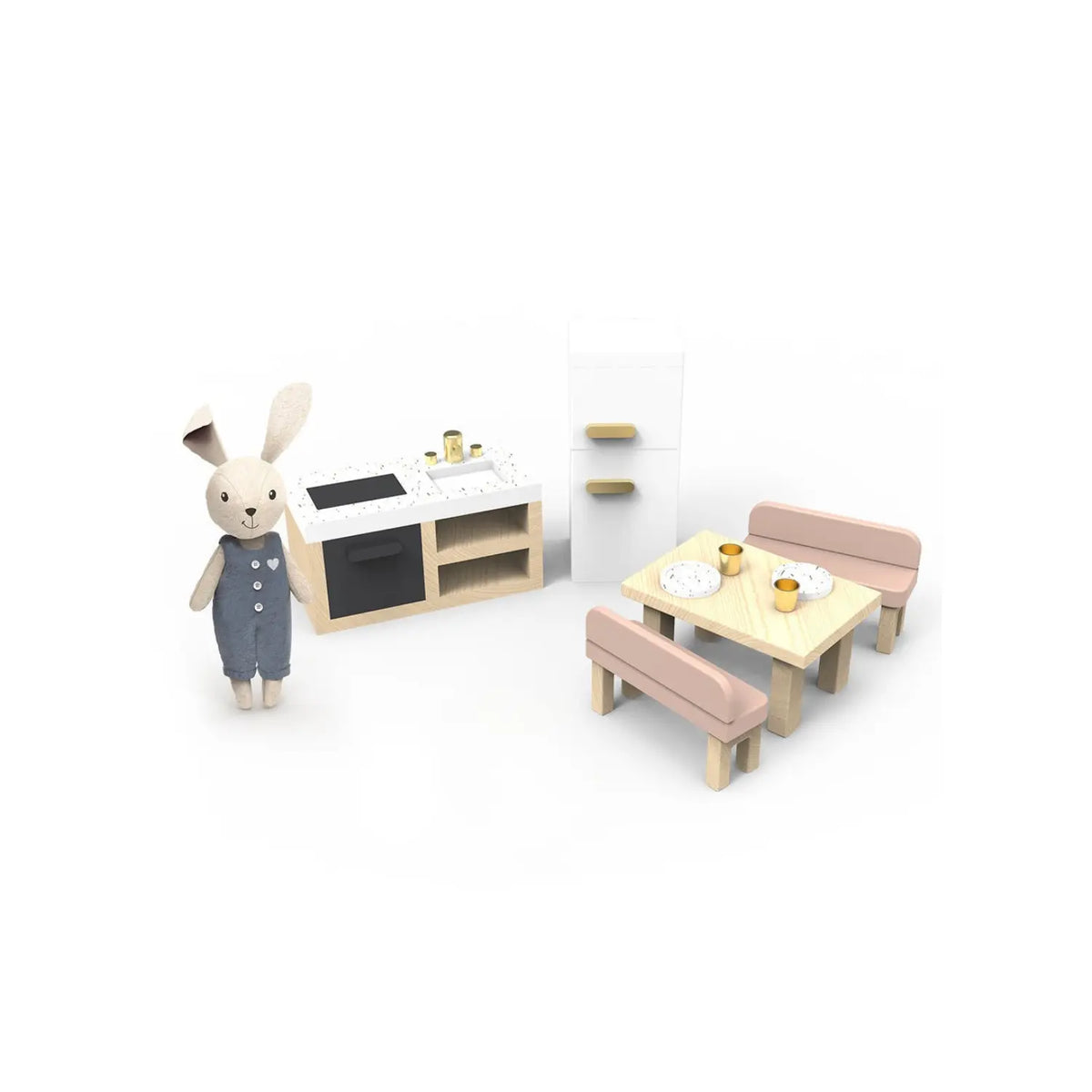 Wooden dollhouse kitchen and dining furniture set with stove, refrigerator, table, pink benches, miniature dishes, and linen bunny character.