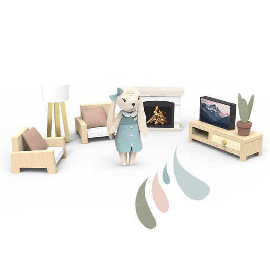 Miniature wooden furniture set with a teddy bear in a living room scene on a white background