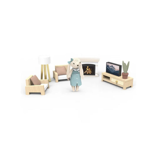 Miniature wooden furniture set with a teddy bear in a living room scene on a white background