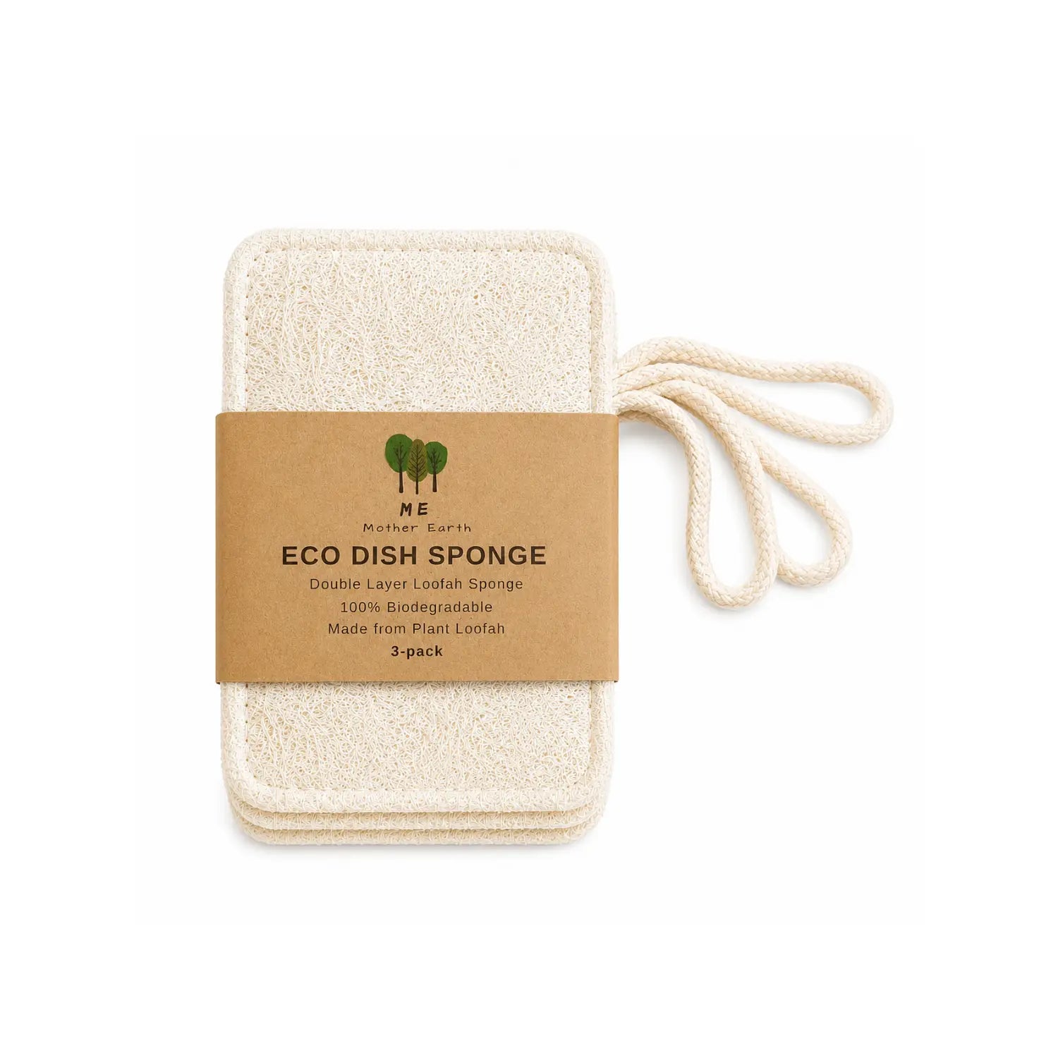 Pack of three double-layer plant loofah dish sponges with cotton hanging loops on a white background.