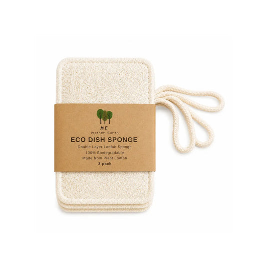 Pack of three double-layer plant loofah dish sponges with cotton hanging loops on a white background.
