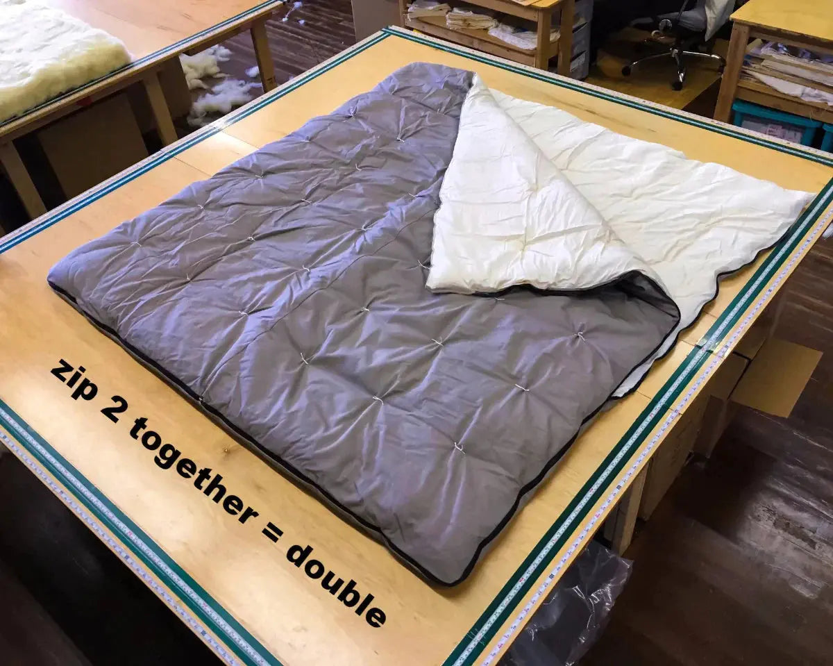 Two quilted sleeping bags on a table with text indicating how to zip them together.