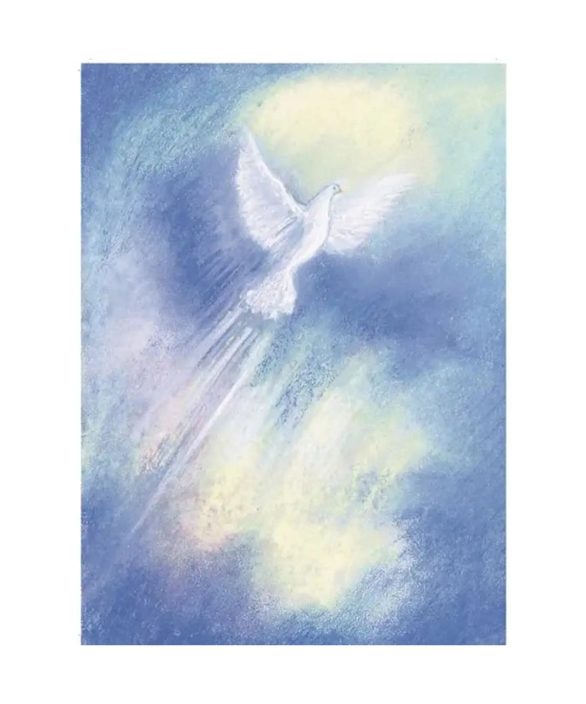 Spirit postcard by Marjan van Zeyl featuring a white dove soaring through a soft blue and lavender sky toward warm golden light.
