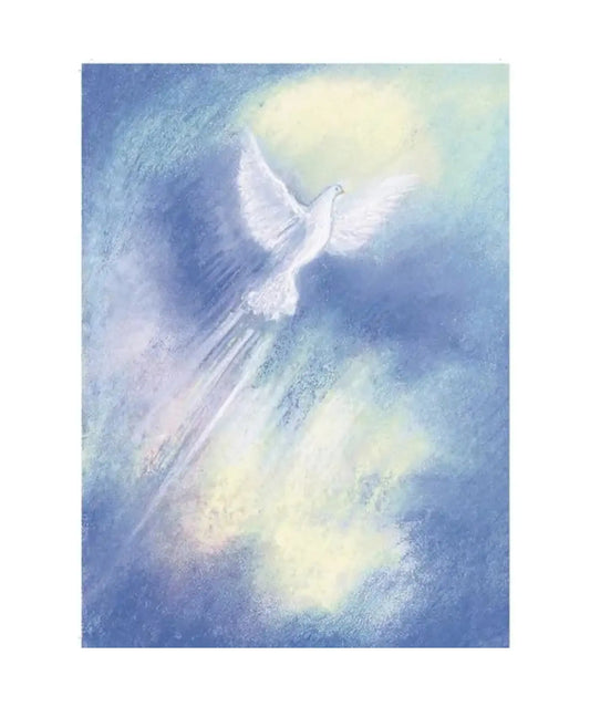 Spirit postcard by Marjan van Zeyl featuring a white dove soaring through a soft blue and lavender sky toward warm golden light.