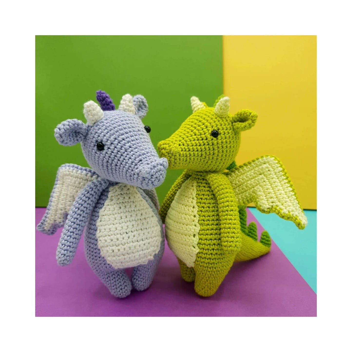 Dragon crochet kit with green and lilac finished handmade stuffed animals