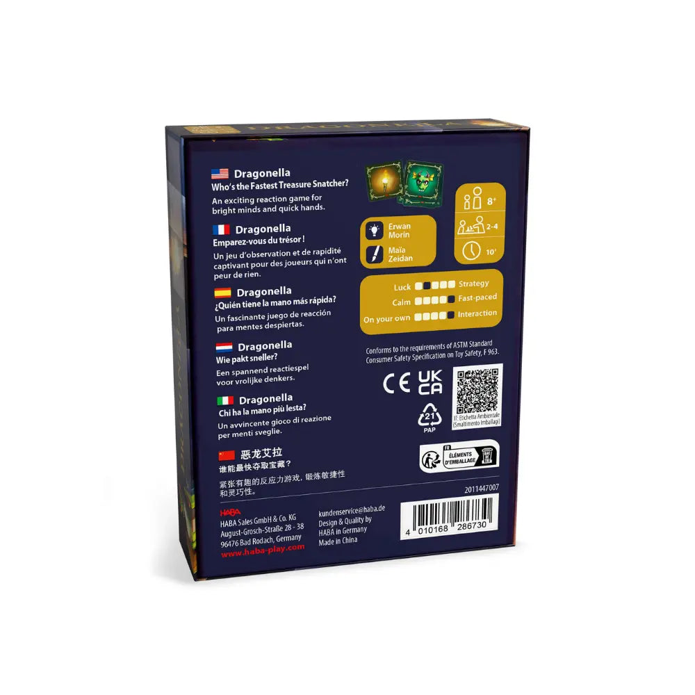 Back of Dragonella kids strategy card game box with text