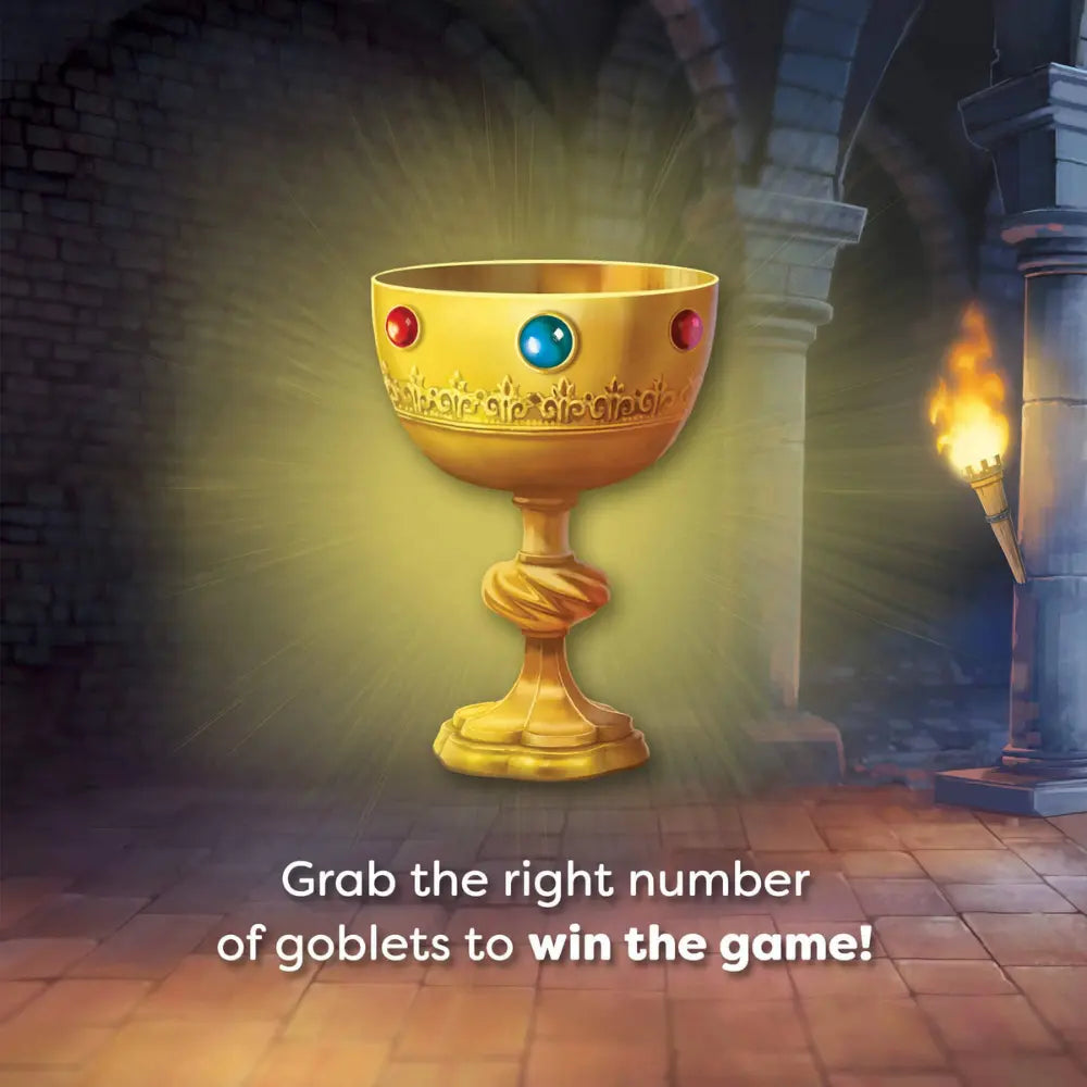 Dragonella golden goblet card with text on illustrated castle background
