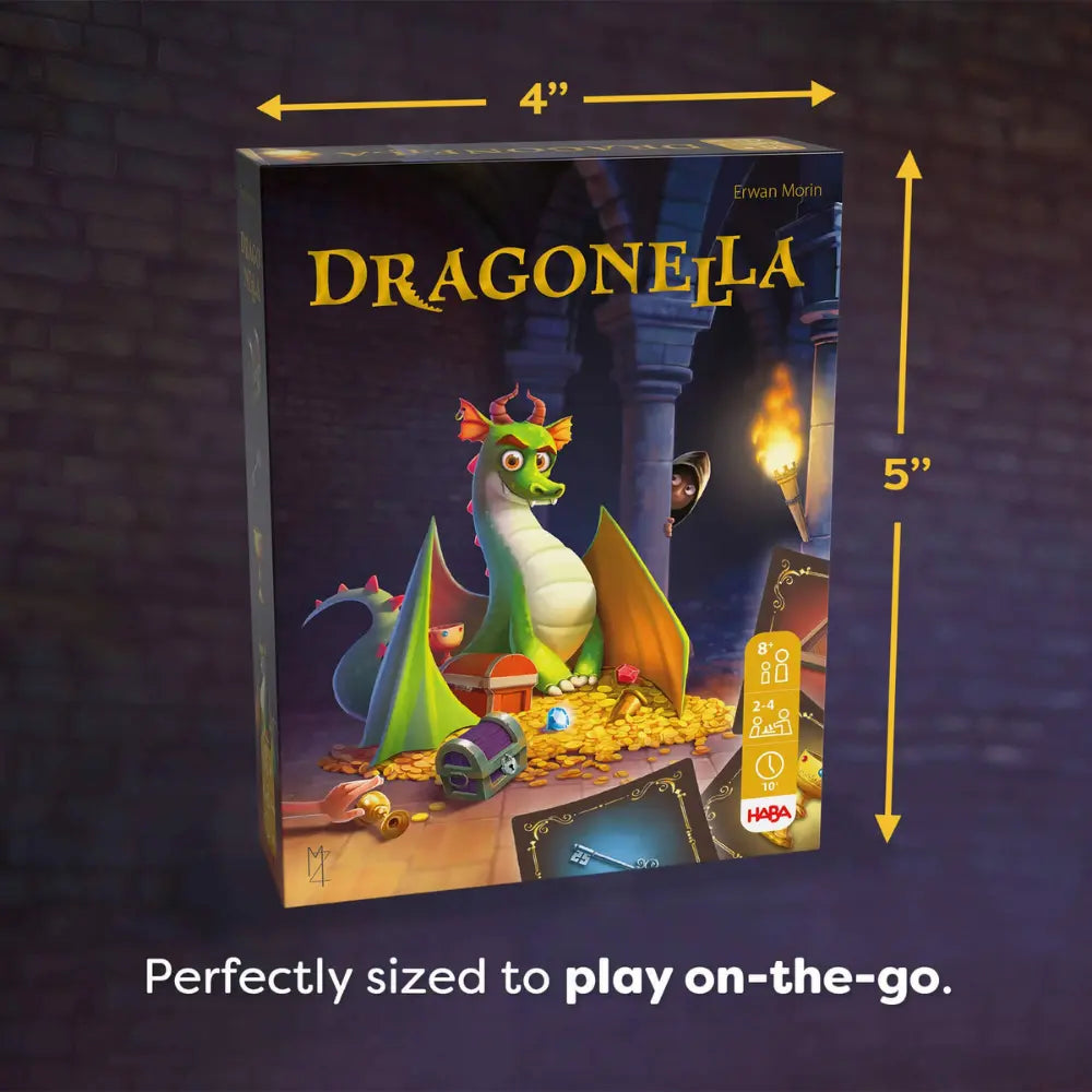 Front of dragonella box with dragon in a castle illustration in a castle with measurements 4 x 5 inches