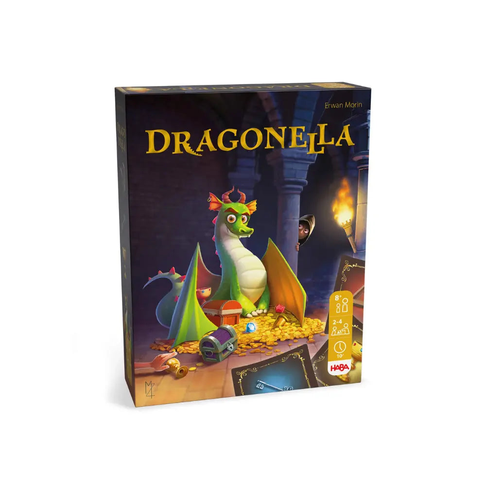 Dragonella Card Game for Kids Box cover with an illustrated dragon and treasure