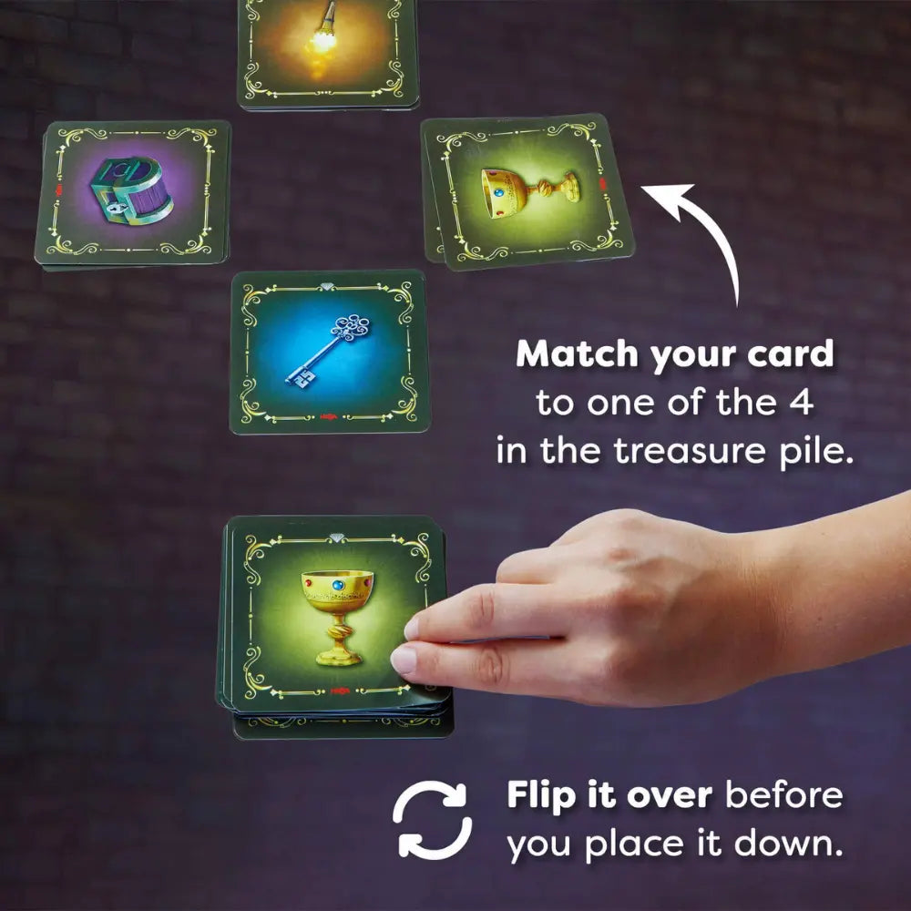 a childs hand flipping over a goblet card with other dragonella cards on a dark background and text