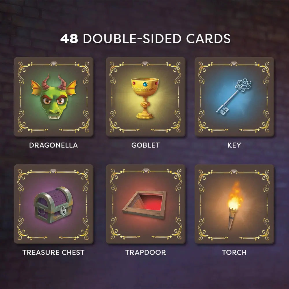 six dragonella kids card game cards: dragon, goblet, key, treasure chest, trapdoor, and torch on a dark background