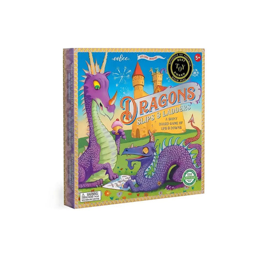 Dragons Slips & Ladders Board Game box with whimsical dragon and castle artwork for ages 5+.