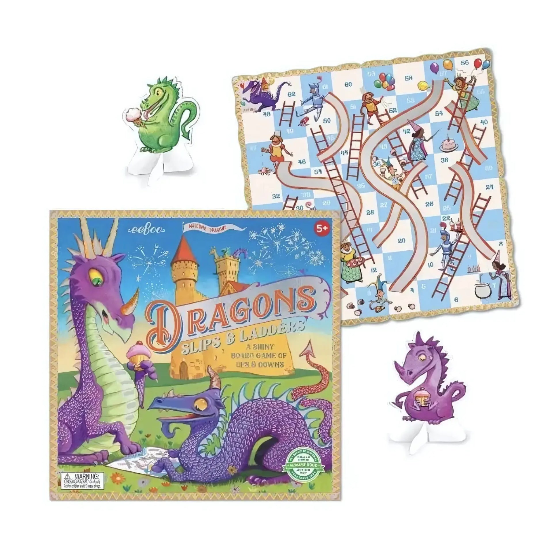 Dragons Slips & Ladders board game contents including game board, box, playing pieces, and wooden die.
