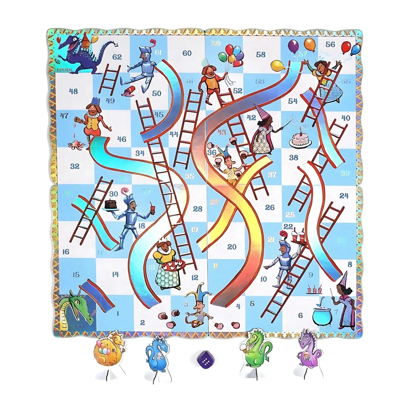 Overhead view of the Dragons Slips & Ladders game board with colorful dragons, ladders, slides, and playing pieces.